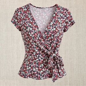 Rebel Sugar Floral Low V-Neck Peplum Top With Faux Tie Waist